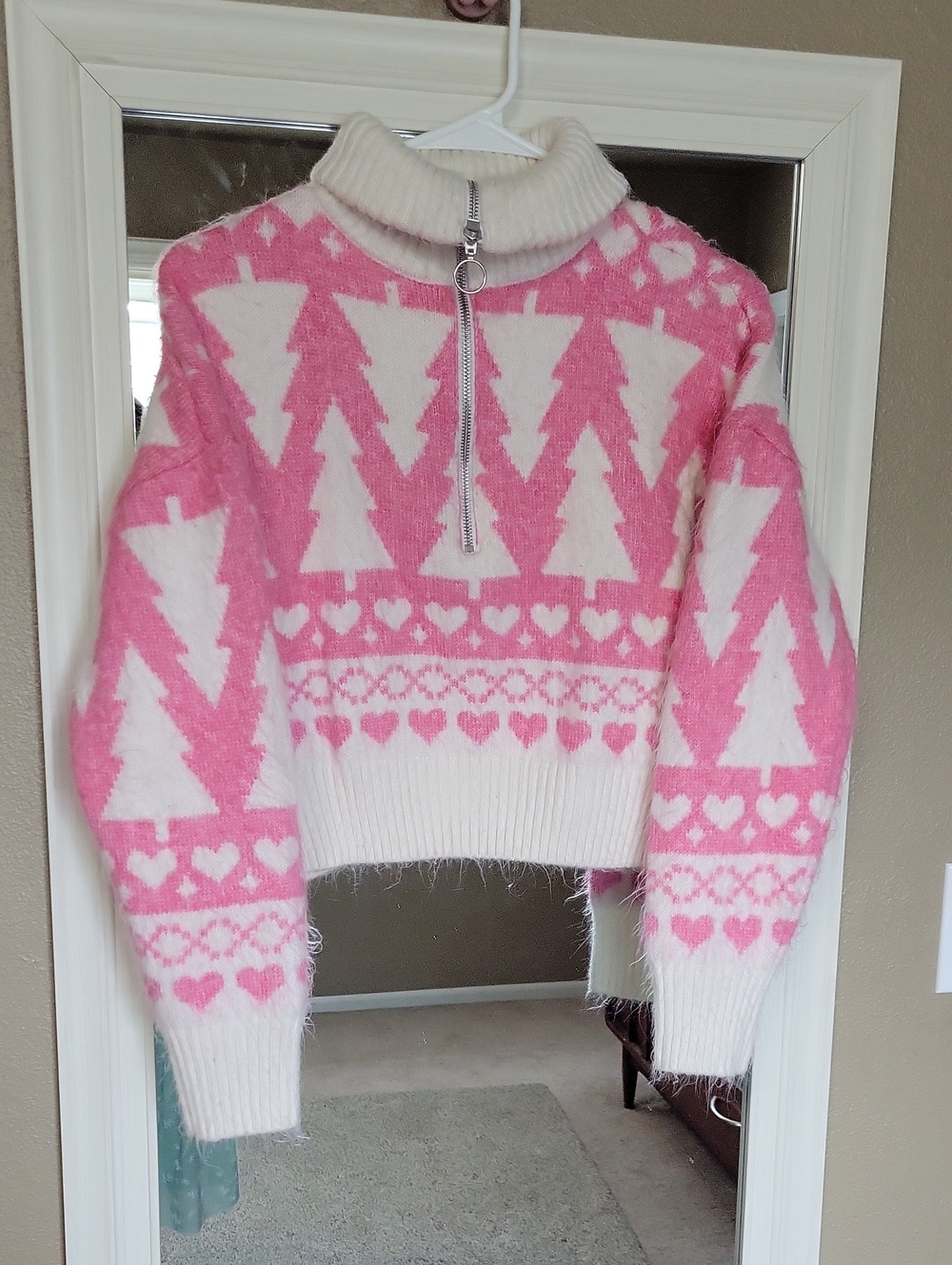 Jessica Simpson Pink and White Half-Zip Tree Pattern Sweater